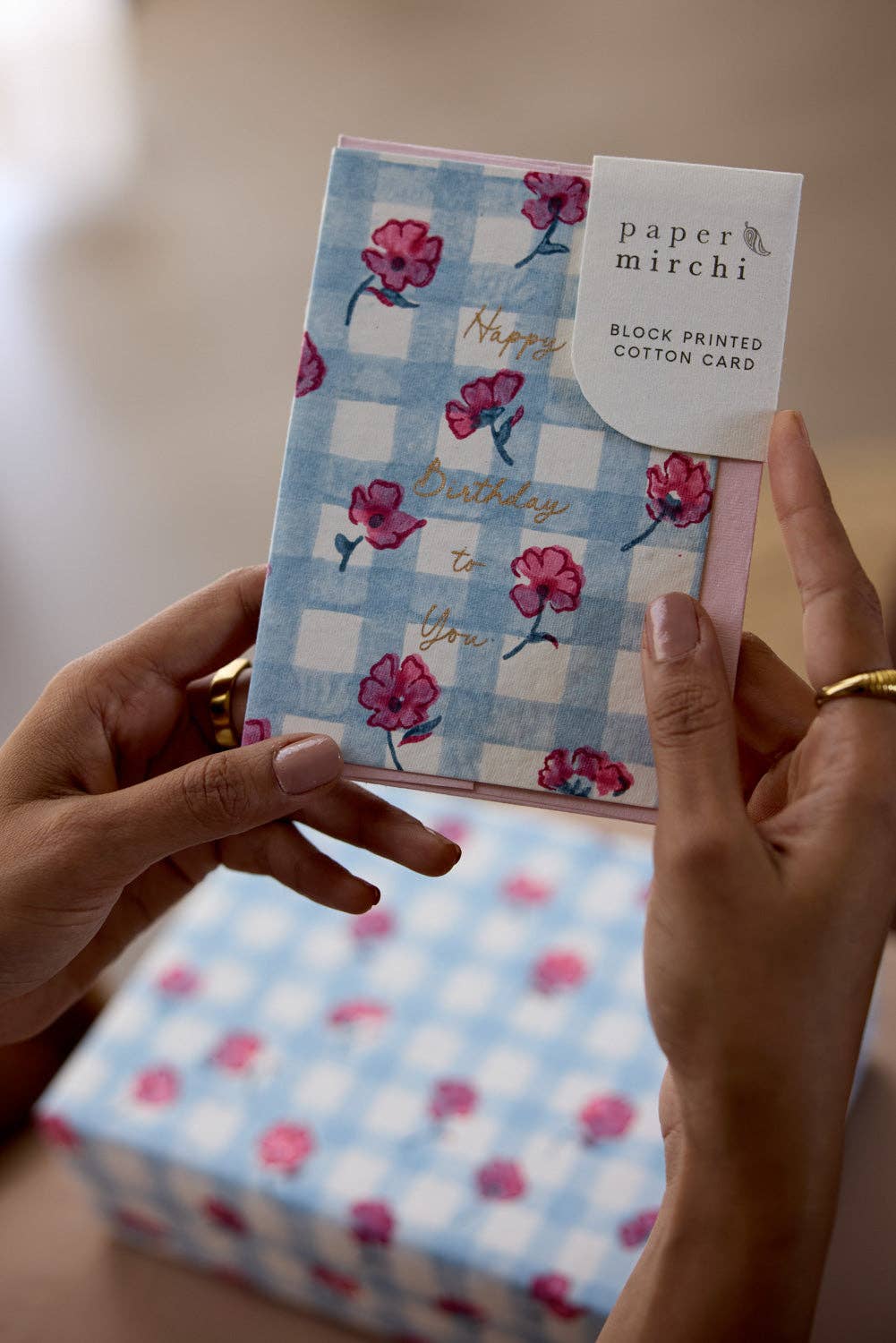 'Happy Birthday' Block Printed Greeting Card | Gingham Pink Sorbet