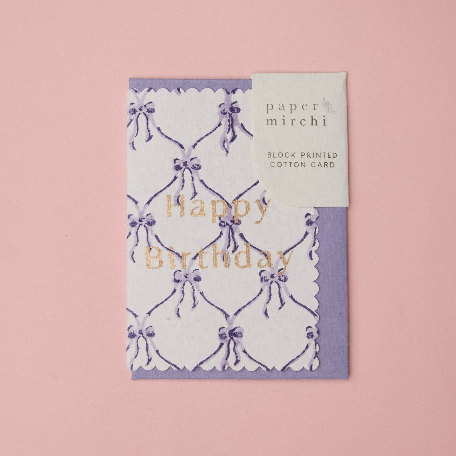 'Happy Birthday' Block Printed Greeting Card | Bows Violet Meringue