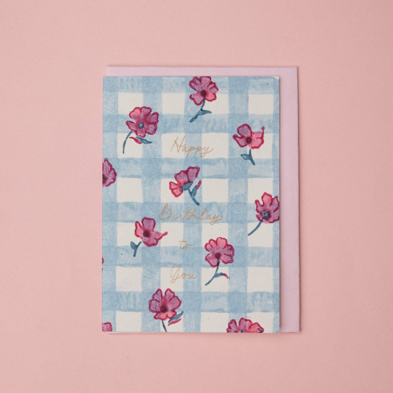 'Happy Birthday' Block Printed Greeting Card | Gingham Pink Sorbet