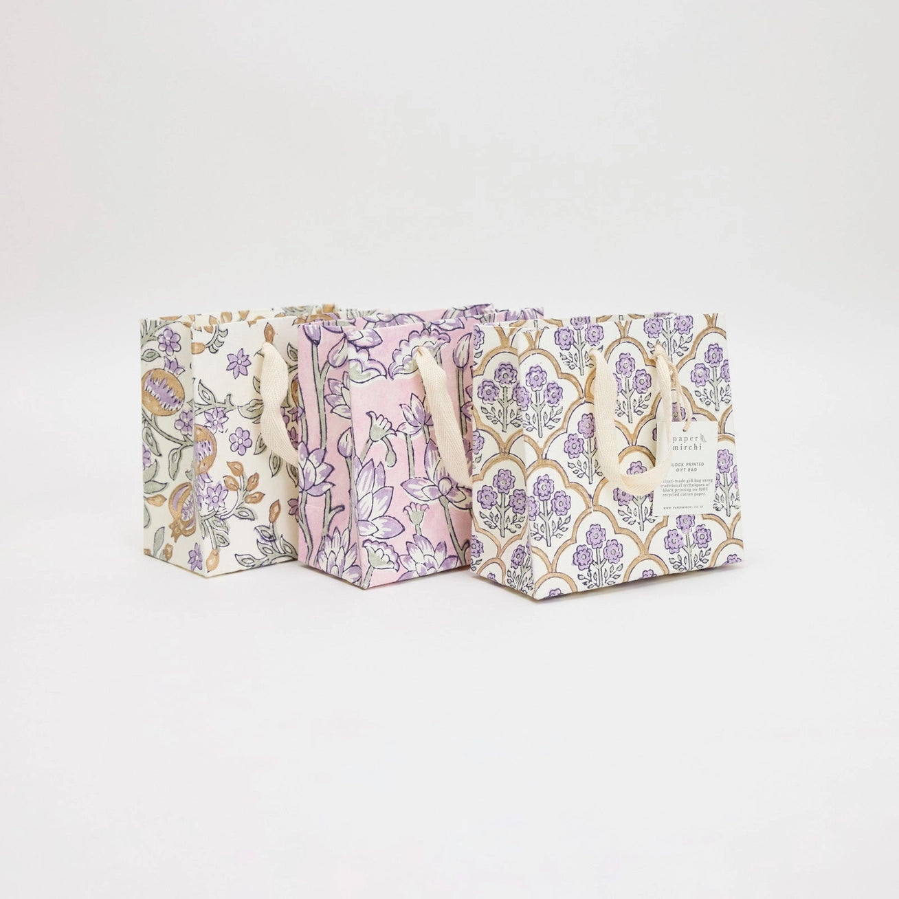 Block Printed Gift Bags | 3 Designs & 2 Sizes Available | Lavender