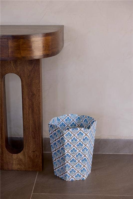 Block Printed Waste Paper Basket | Trellis Indigo