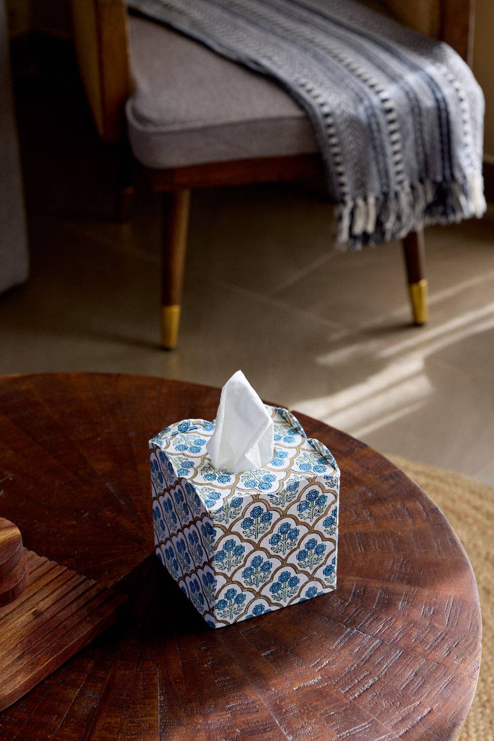 Block Printed Tissue Box - Trellis Indigo