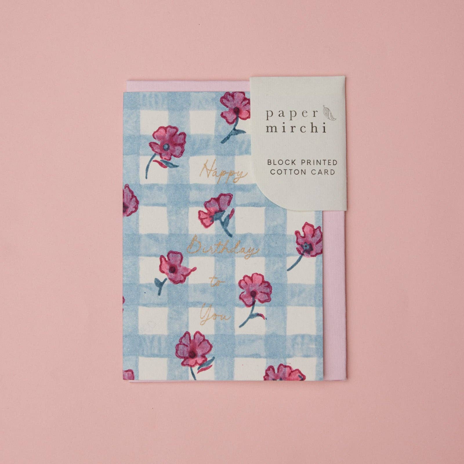 'Happy Birthday' Block Printed Greeting Card | Gingham Pink Sorbet