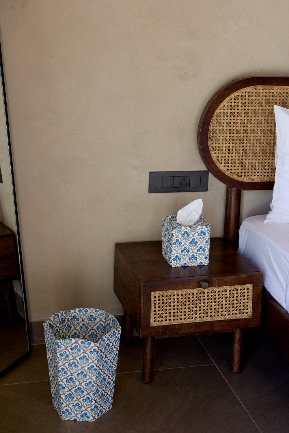 Block Printed Waste Paper Basket | Trellis Indigo