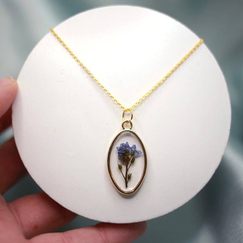 Forget Me Not Framed Pressed Flower Resin Necklace