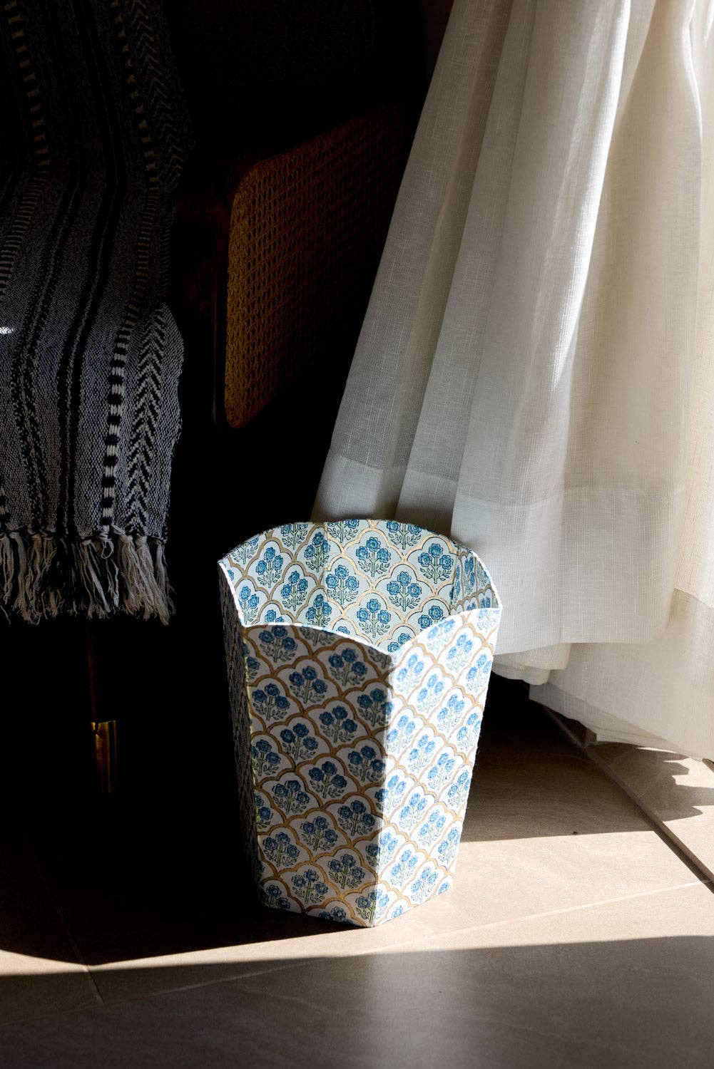 Block Printed Waste Paper Basket | Trellis Indigo